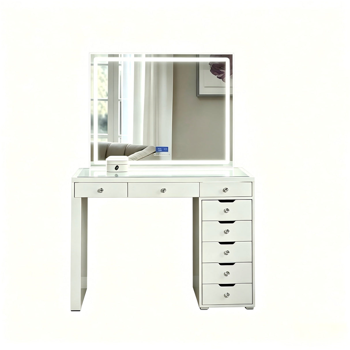 Makeup Vanity Desk With LED Lighted Mirror, 9 Drawers For Bedroom - Gloss White