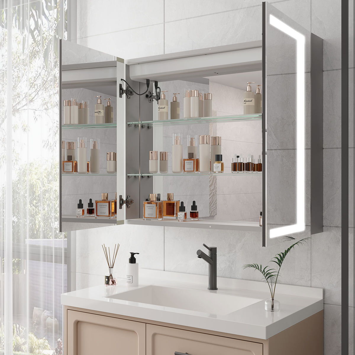 Medicine Cabinet With LED Vanity Mirror, Anti-Fog, Waterproof, Dimmable With Touch Switch