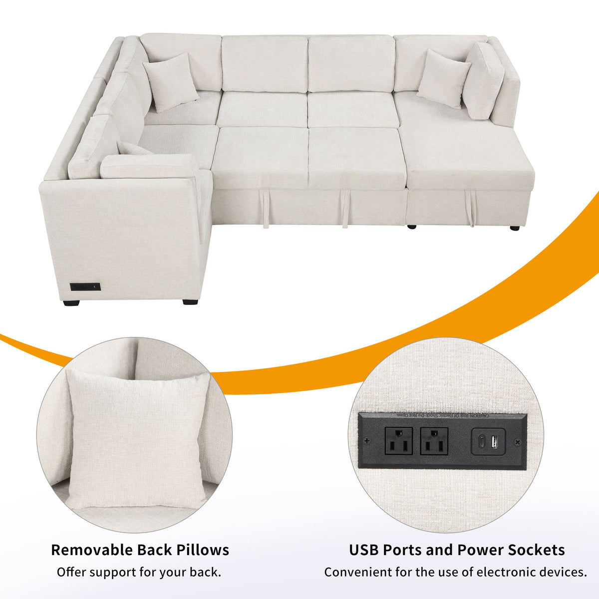 U-Shaped Sectional Sofa Pull Out Sofa Bed With Two USB Ports, Two Power Sockets, Three Back Pillows And A Storage Chaise For Living Room