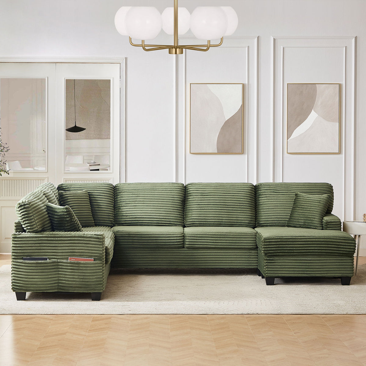 Upholstered U-Shaped Sectional Sofa With Movable Ottoman And Side Storage Pockets