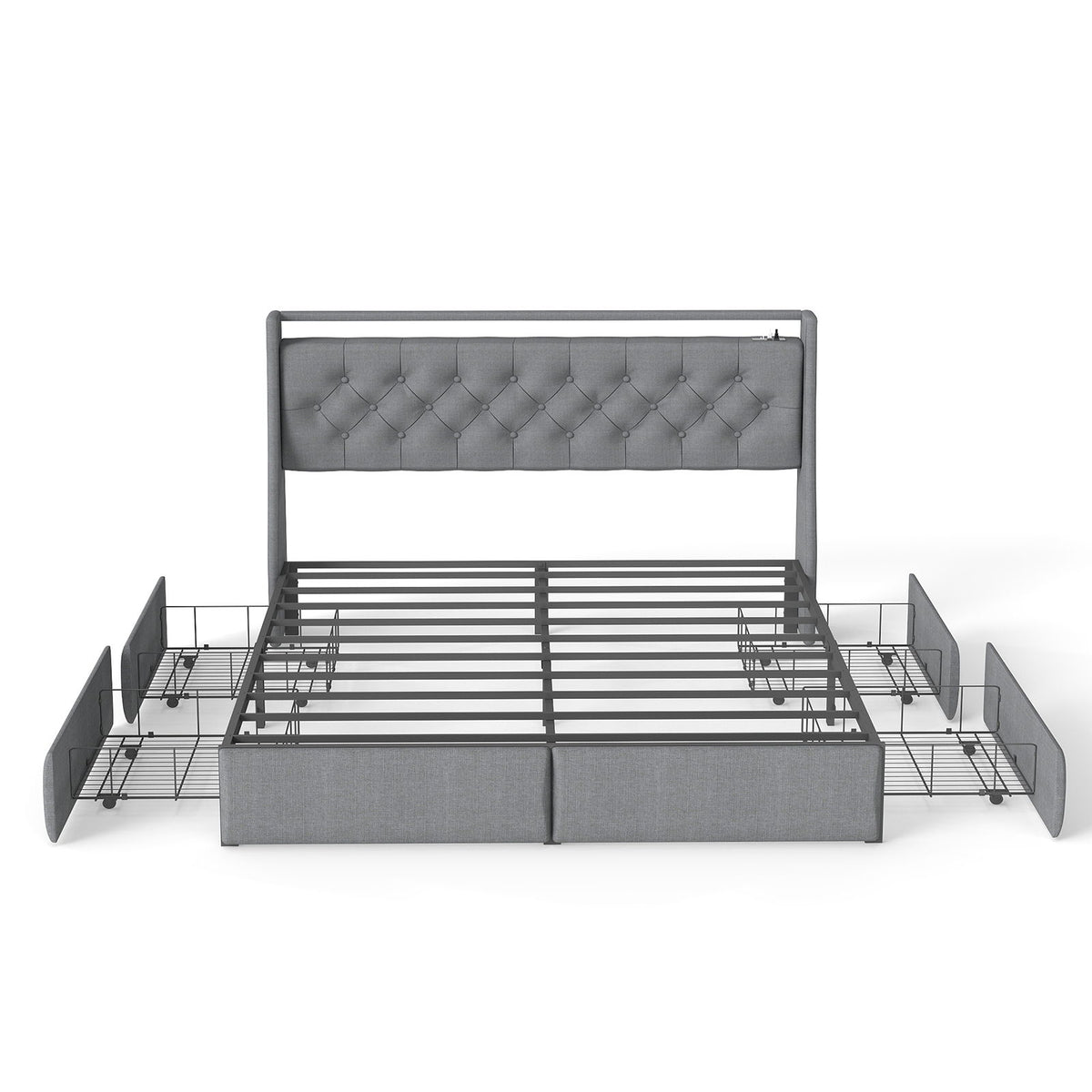 Platform Bed Frame With RGB LED Lights, Charging Station, Storage Headboard & 4 Underbed Drawers