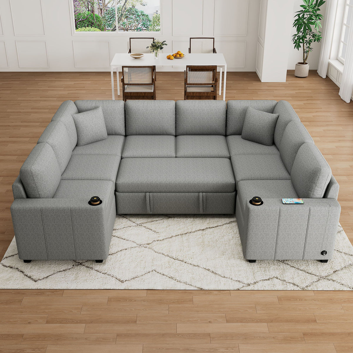 Convertible U-Shaped Sectional Sofa With Pull-Out Bed