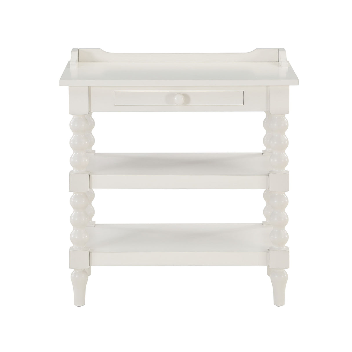 Aria - Nightstand With Styling, 2 Shelves, Pull Out Tray, Spool Turned Legs - Antique White