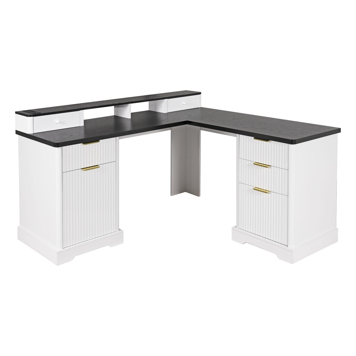 L-Shaped Desk With Charging Station & Storage Cabinet, Home Office Desk With Monitor Stand, File Drawer, Adjustable Shelf - White