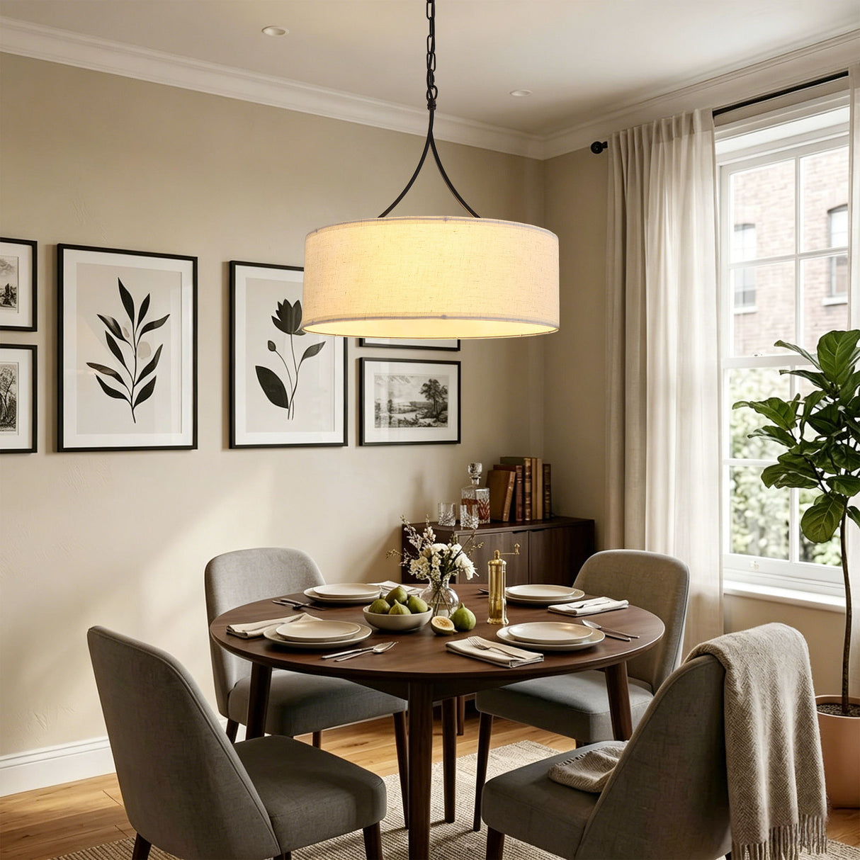 3 Light Pendant Light Adjustable Drum Chandelier, Shade Ceiling Light Fixture - Beige White / Black