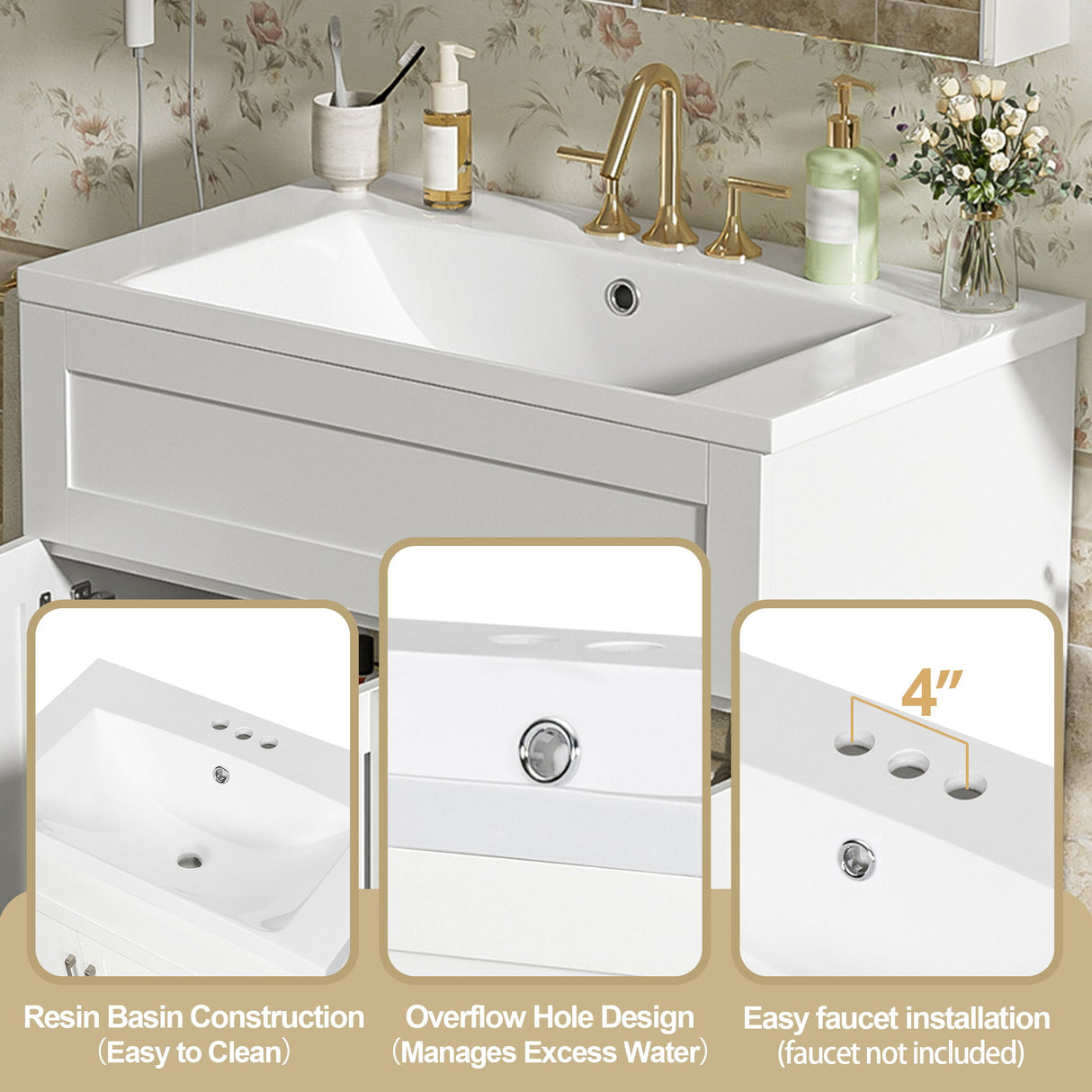 Bathroom Vanity With 2 Doors, 2 Drawers, Adjustable Shelf, Hidden Slides & Soft Close Hinges