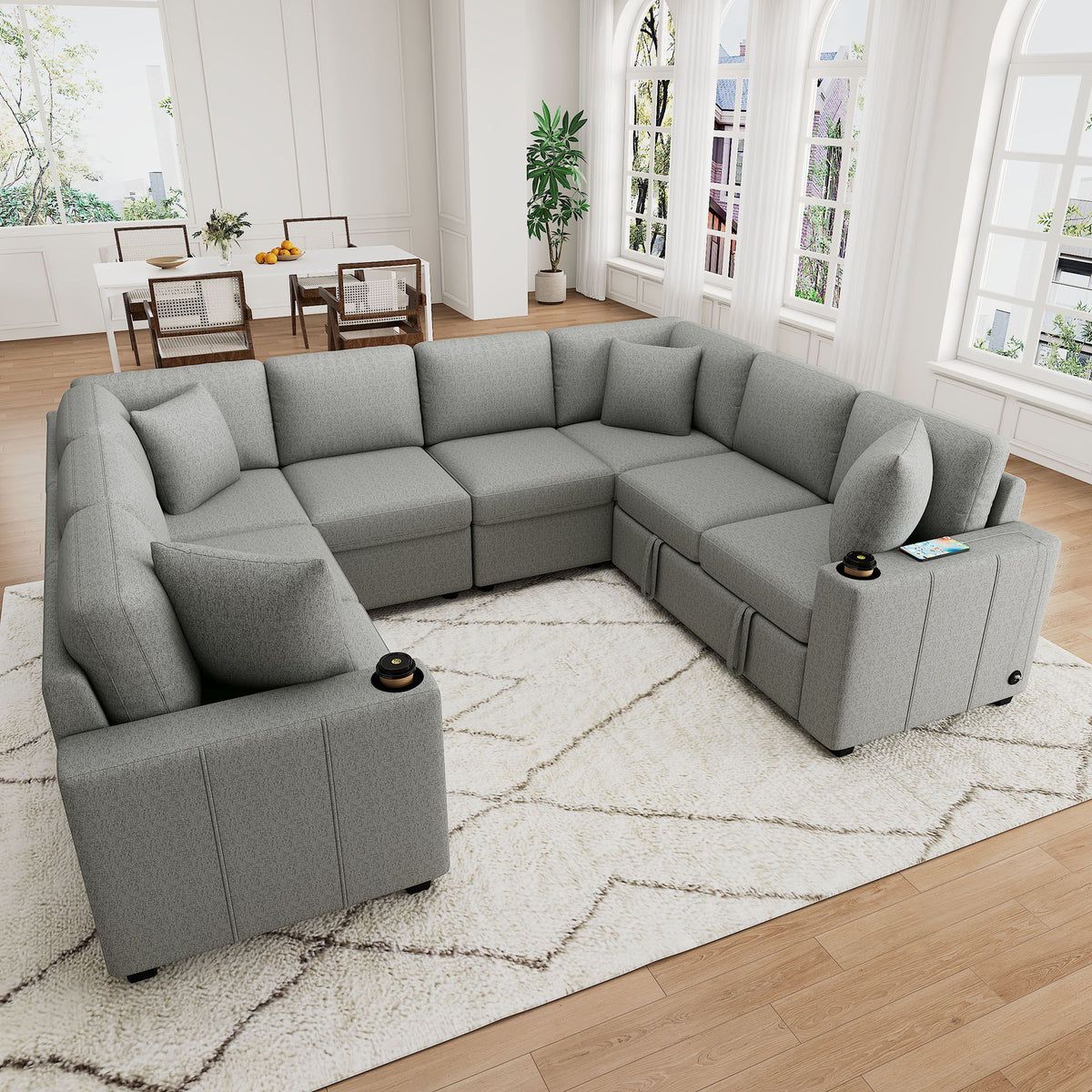 Modern U-Shaped Sectional Sofa Convertible Pull-Out Sofa Bed With USB Ports And Cup Holders