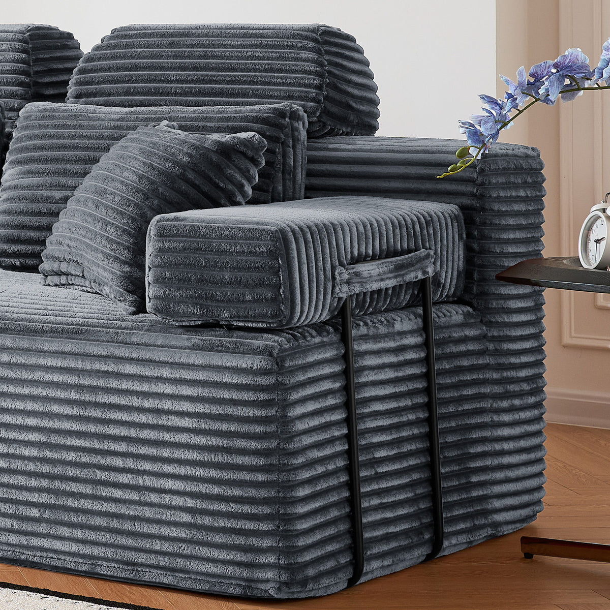 Sectional Sleeper Sofa & Storage Pockets, Modular Couch With Throw Pillows For Living Room