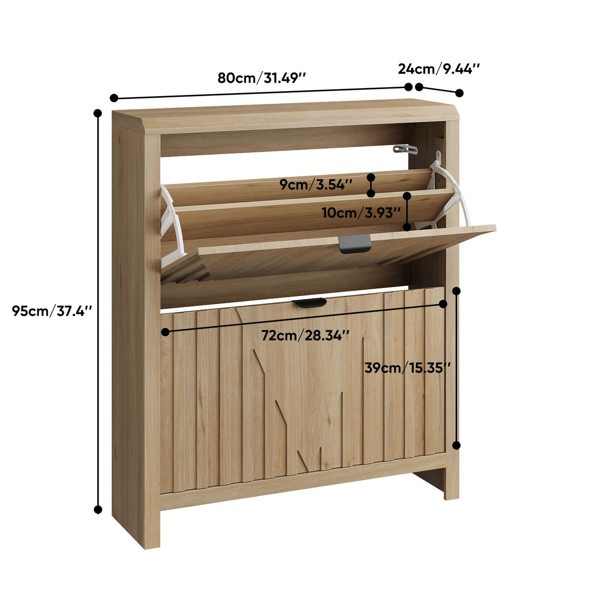 Entryway Shoe Cabinet With Vertical Carved Panels - Oak