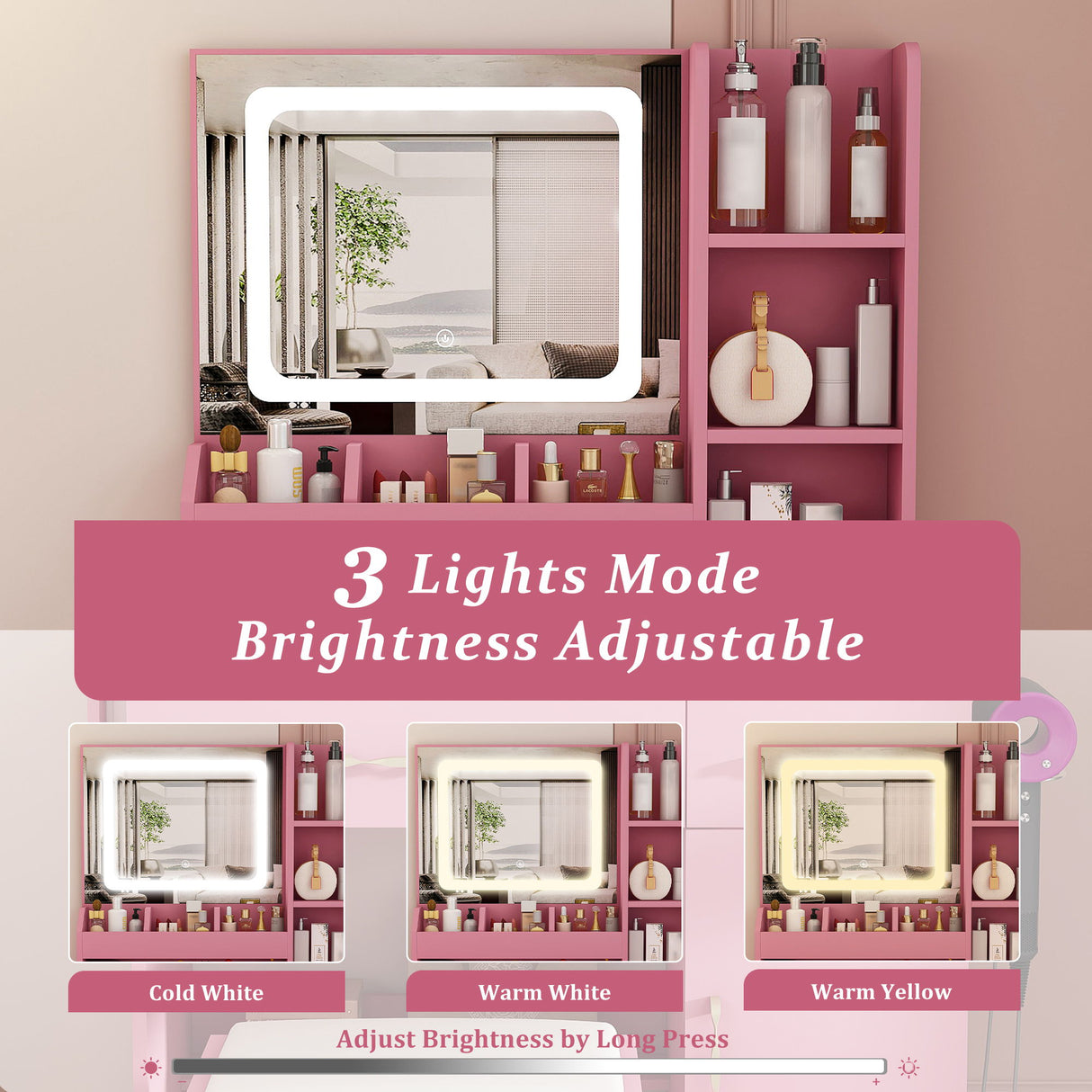 Vanity Desk With LED Mirror Lights And Charging Outlet