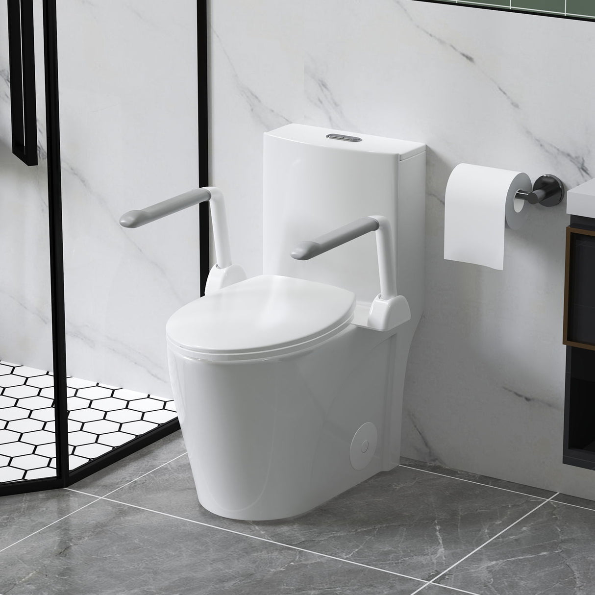 Upgraded Design Armrest, With Glossy Gw 007 1 Piece Toilet With Tornado Flush, Soft Close Seat, Dual Flush Map 1000G, Comfort Chair Seat - Gloss White