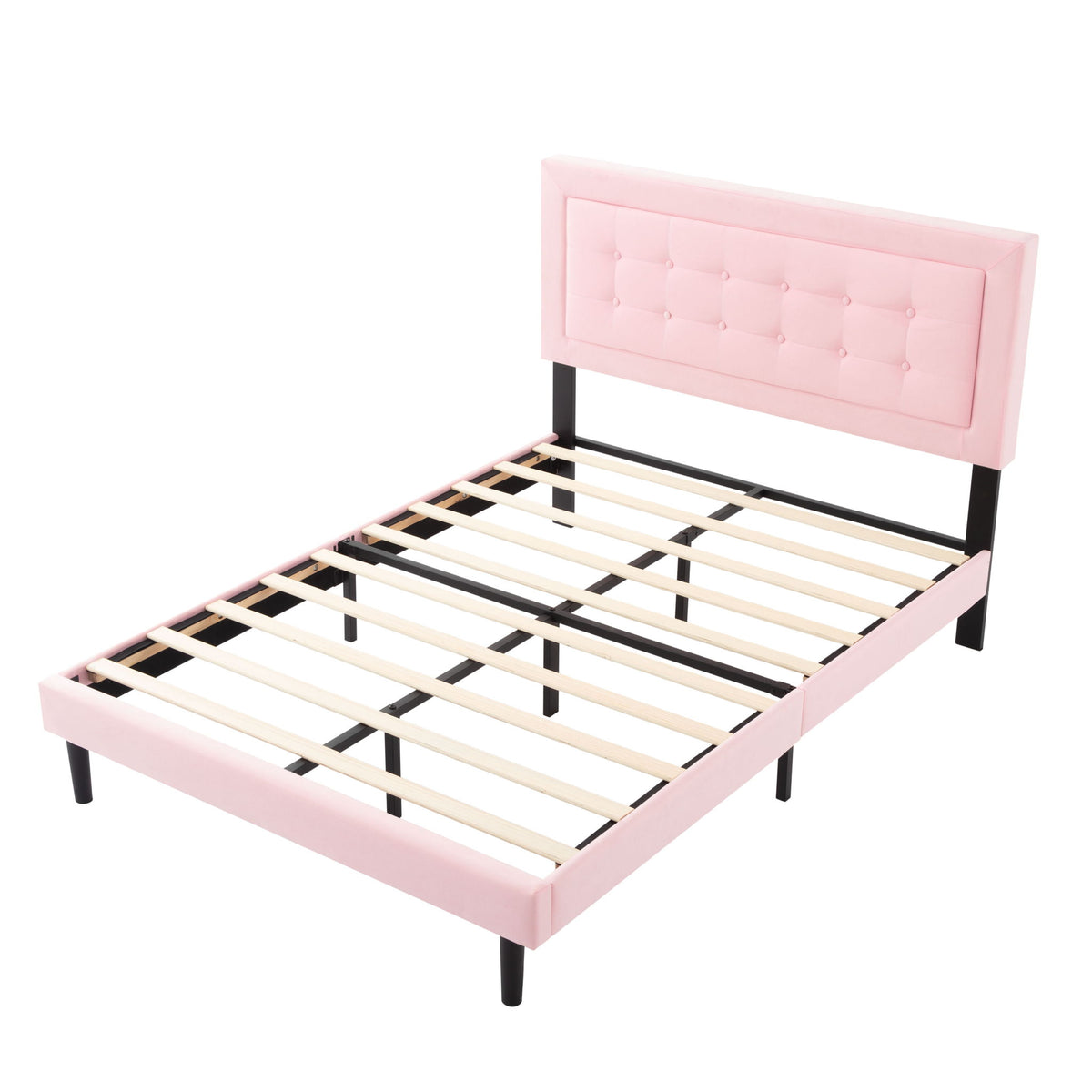 Queen Size, Upholstered Platform Bed With Slats - Pink