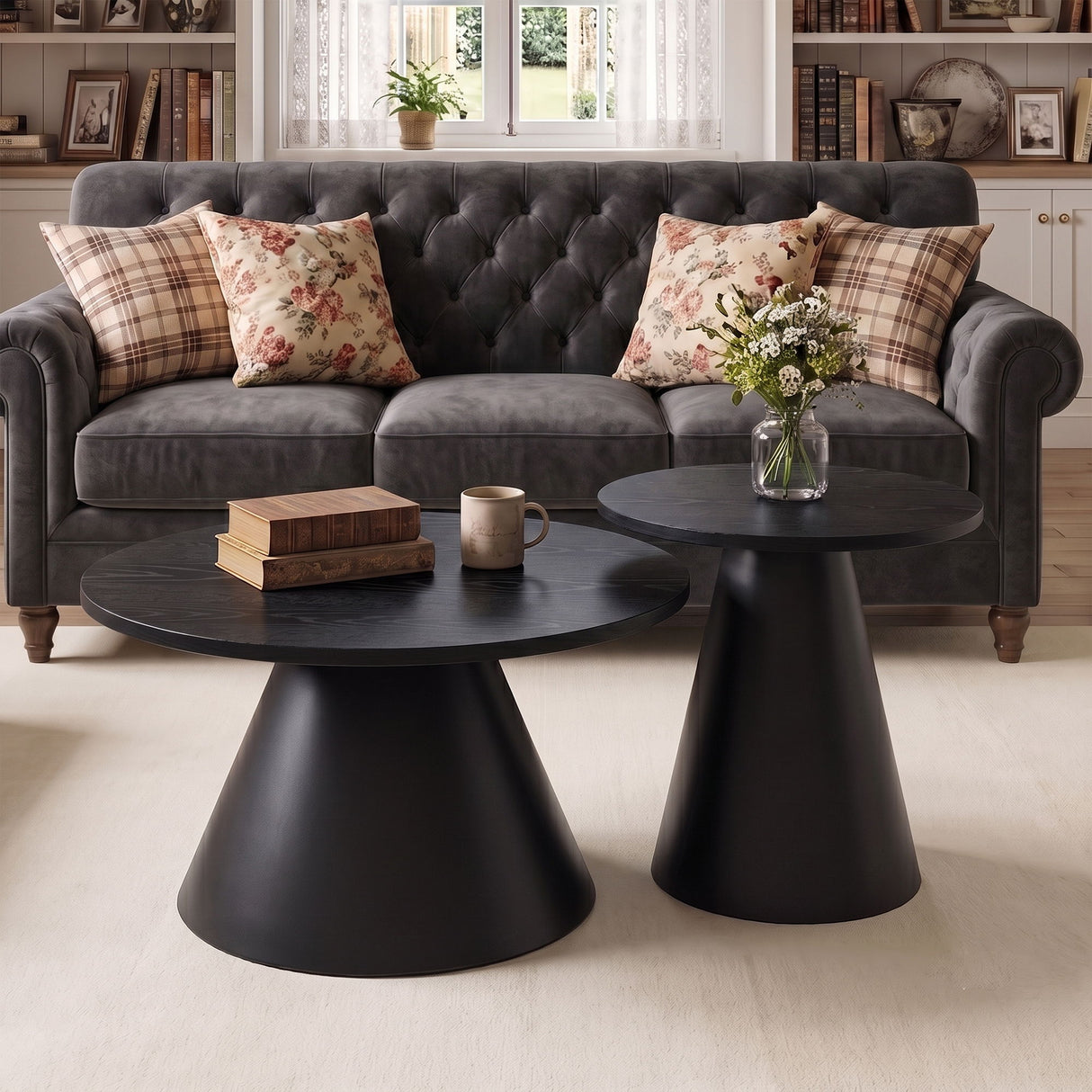 Nesting Coffee Table, Adjustable Foot Pads For Living Room (Set of 2) - Black