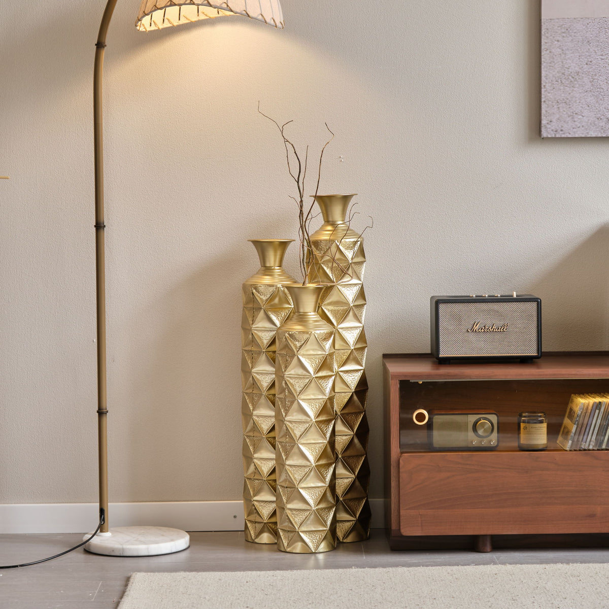 Metal Decorative Vase High Distress Metal Center Vase With 3D Triangle Pattern, (Set of 3) Vases For Home Decoration - Gold