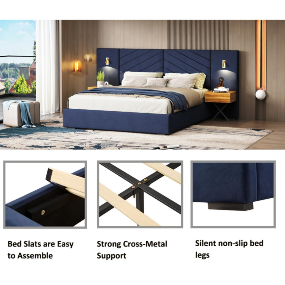 Upholstered Bed Frame With Vertical Channel Tufted Wingback Headboard