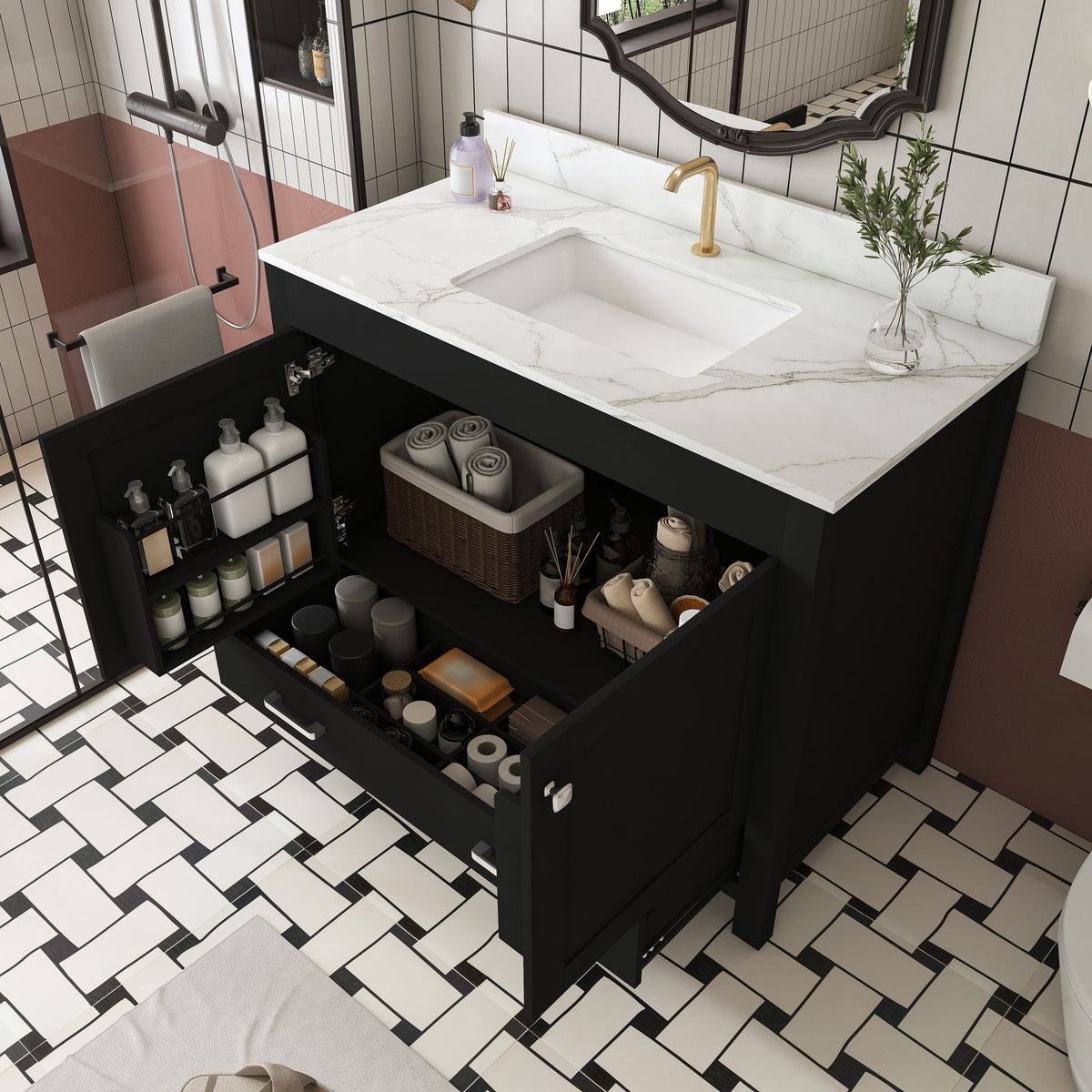 Bathroom Vanity Set, Fluted Cabinet, Soft Close Doors & Drawers - Black
