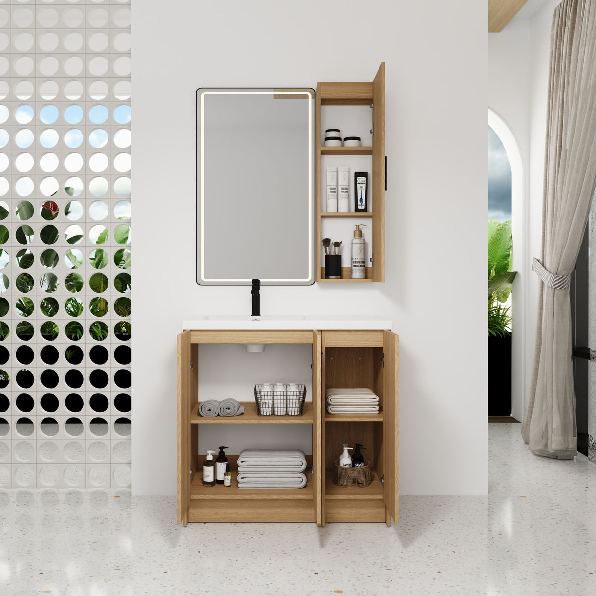 Freestanding Bathroom Vanity Set With Tall Linen Cabinet, 3 Door Storage Cabinet, Single Sink