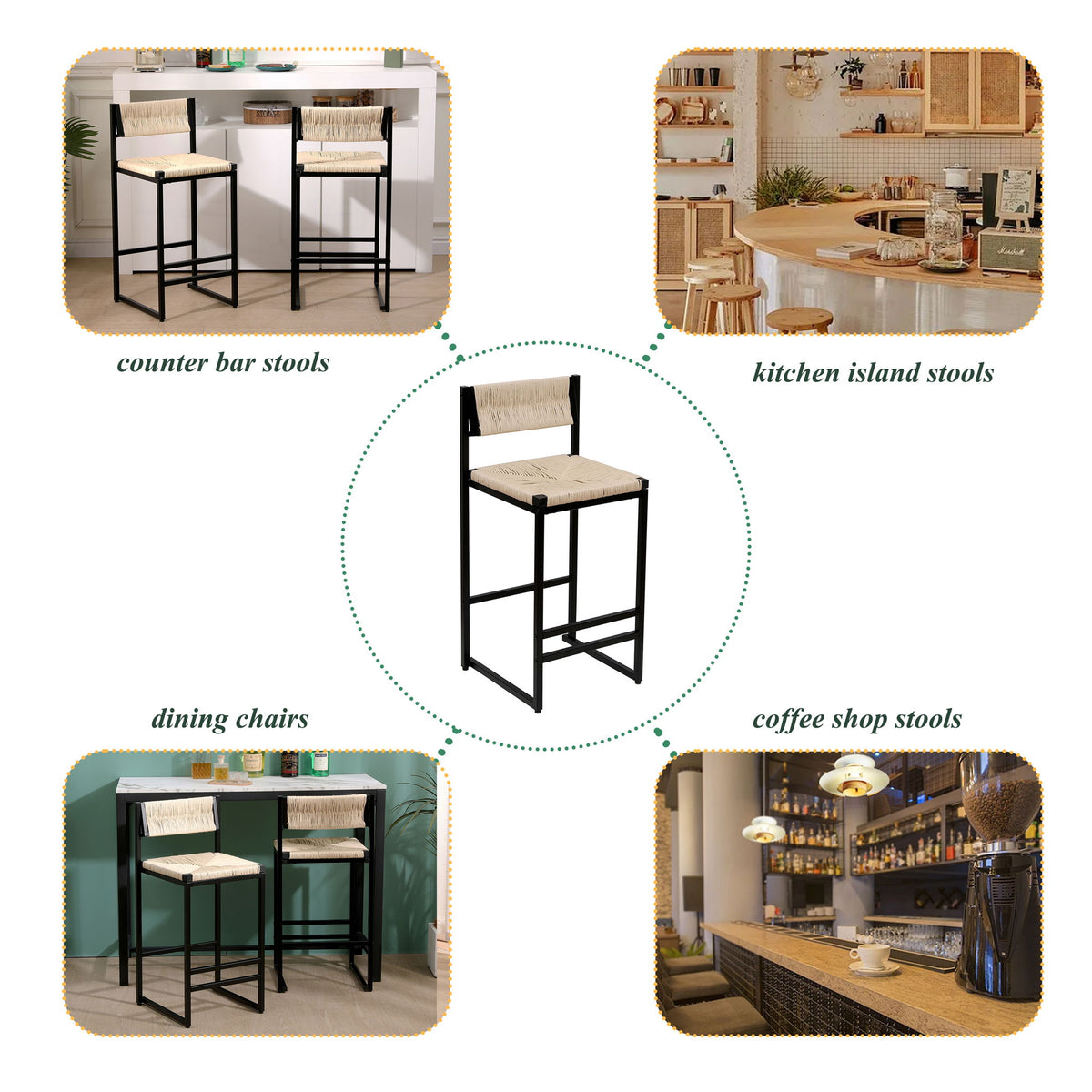 Bar Stools Paper Rope Weave Dining Chairs With Back Hand Weave Stools For Kichen Island, Bar & Counter (Set of 2)