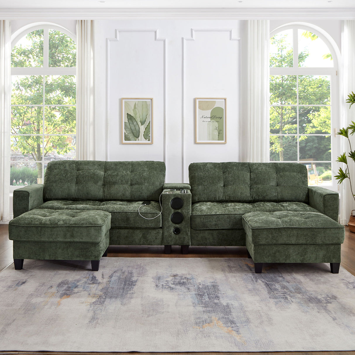 Modern Sectional Sofa U-Shaped With Movable Ottomans, tooth Speakers, LED Lights And Modular Storage