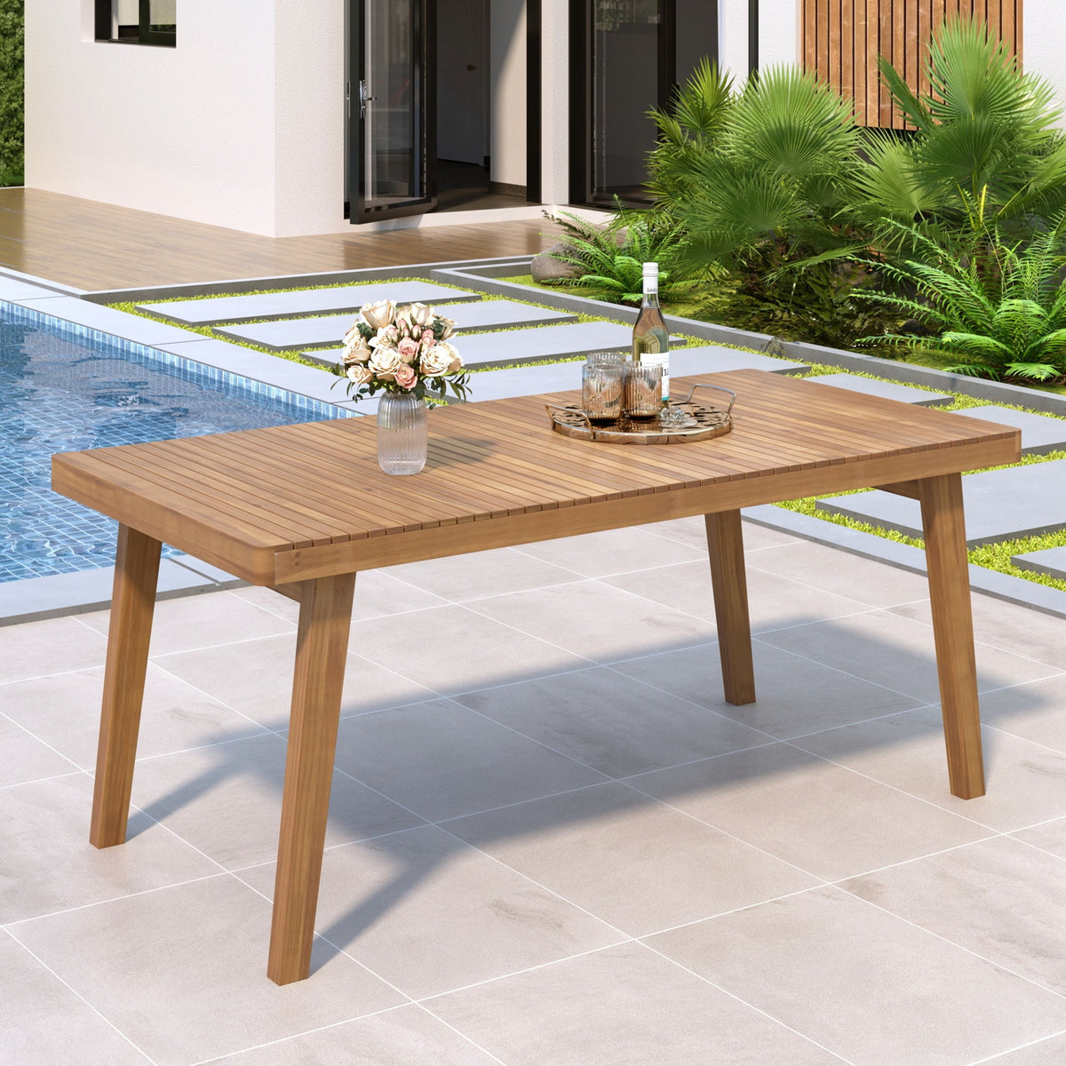 Outdoor Dining Table With Slatted Top, Ideal For Patio