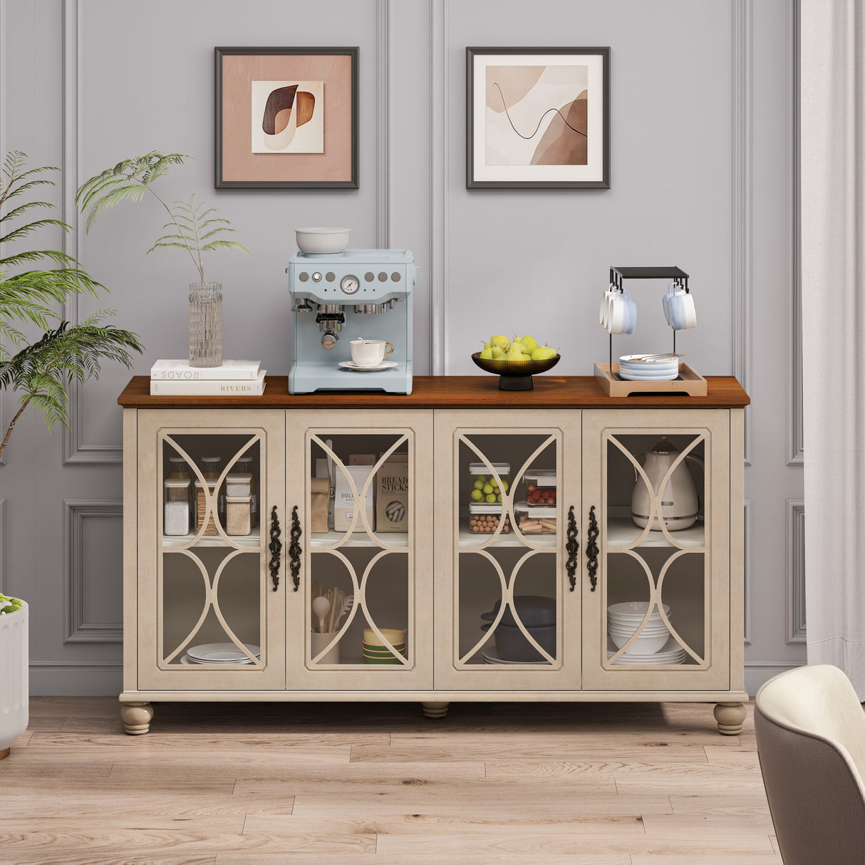 4 Door Sideboard Cabinet with Tempered Glass Doors and Wood 59x32in