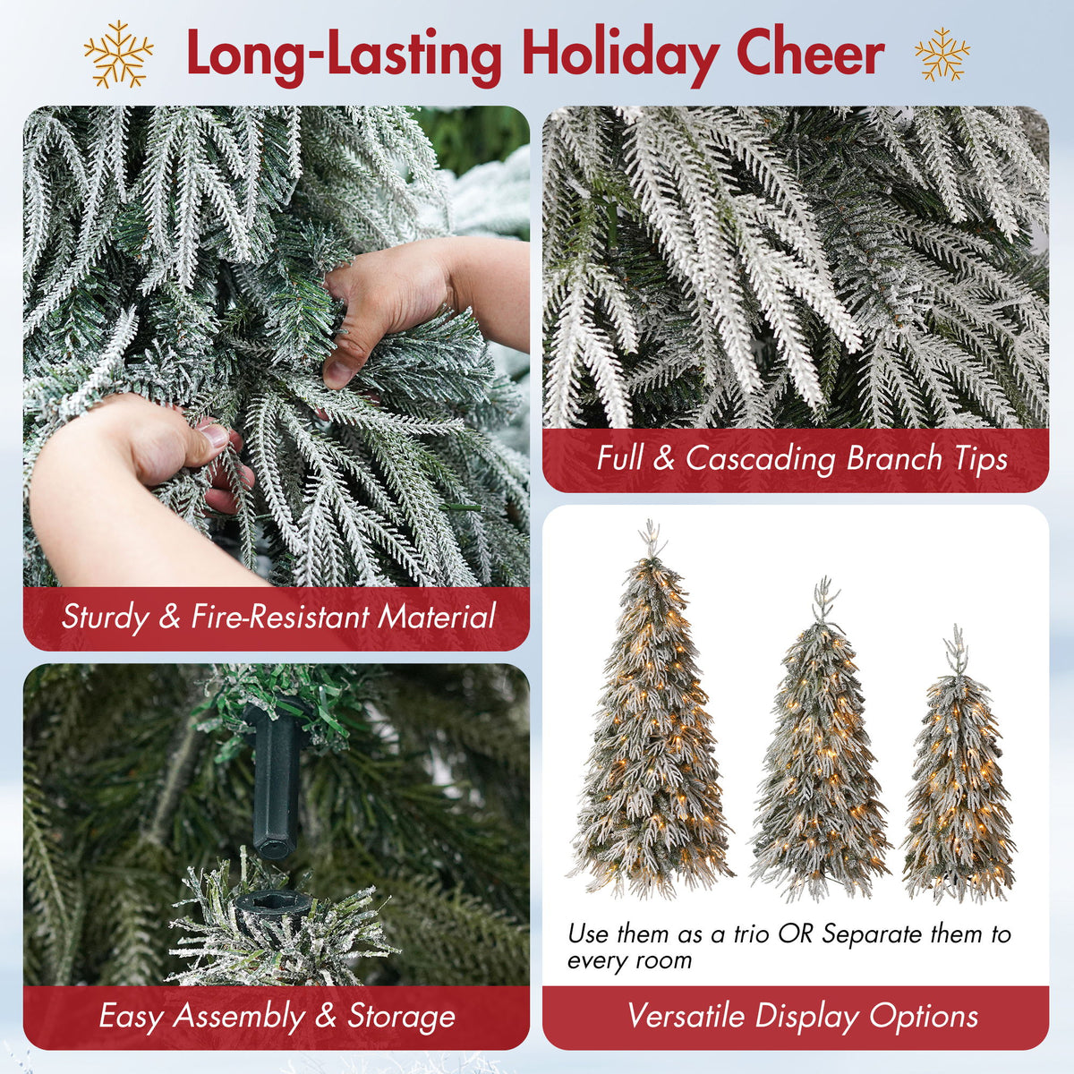 Snowy Cascading Christmas Trees 3 Piece Set With Warm LED Lighting, Flocked Weeping Branches, Multi Level Indoor Decor - Green