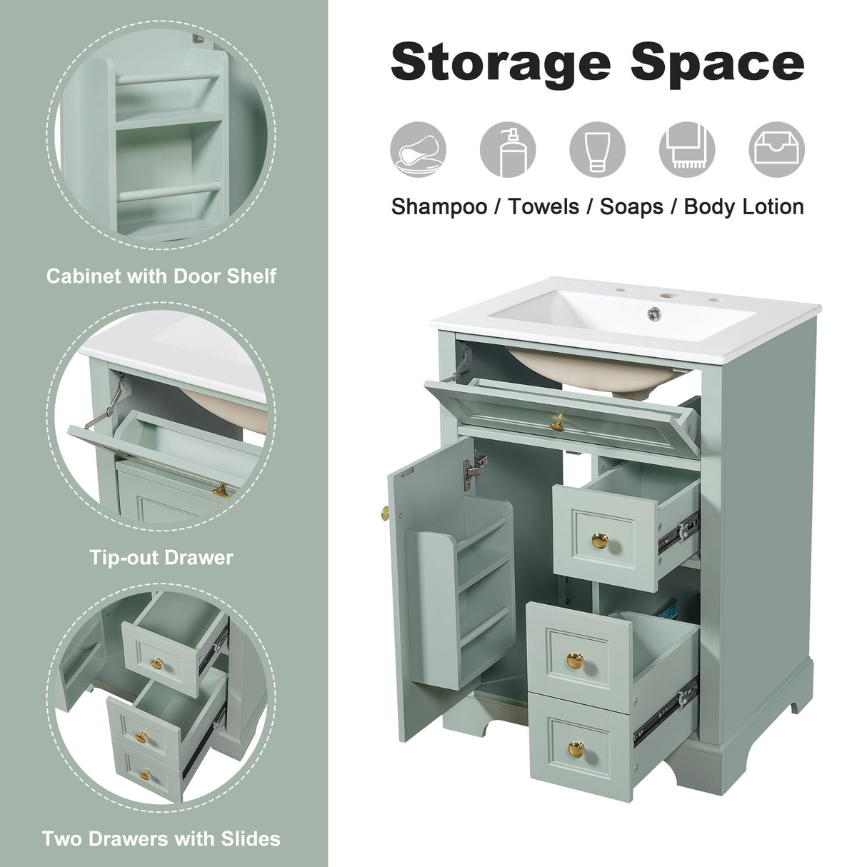 Modern Bathroom Vanity With Sink, 3 Drawers & Cabinet With 2 Tier Door Storage