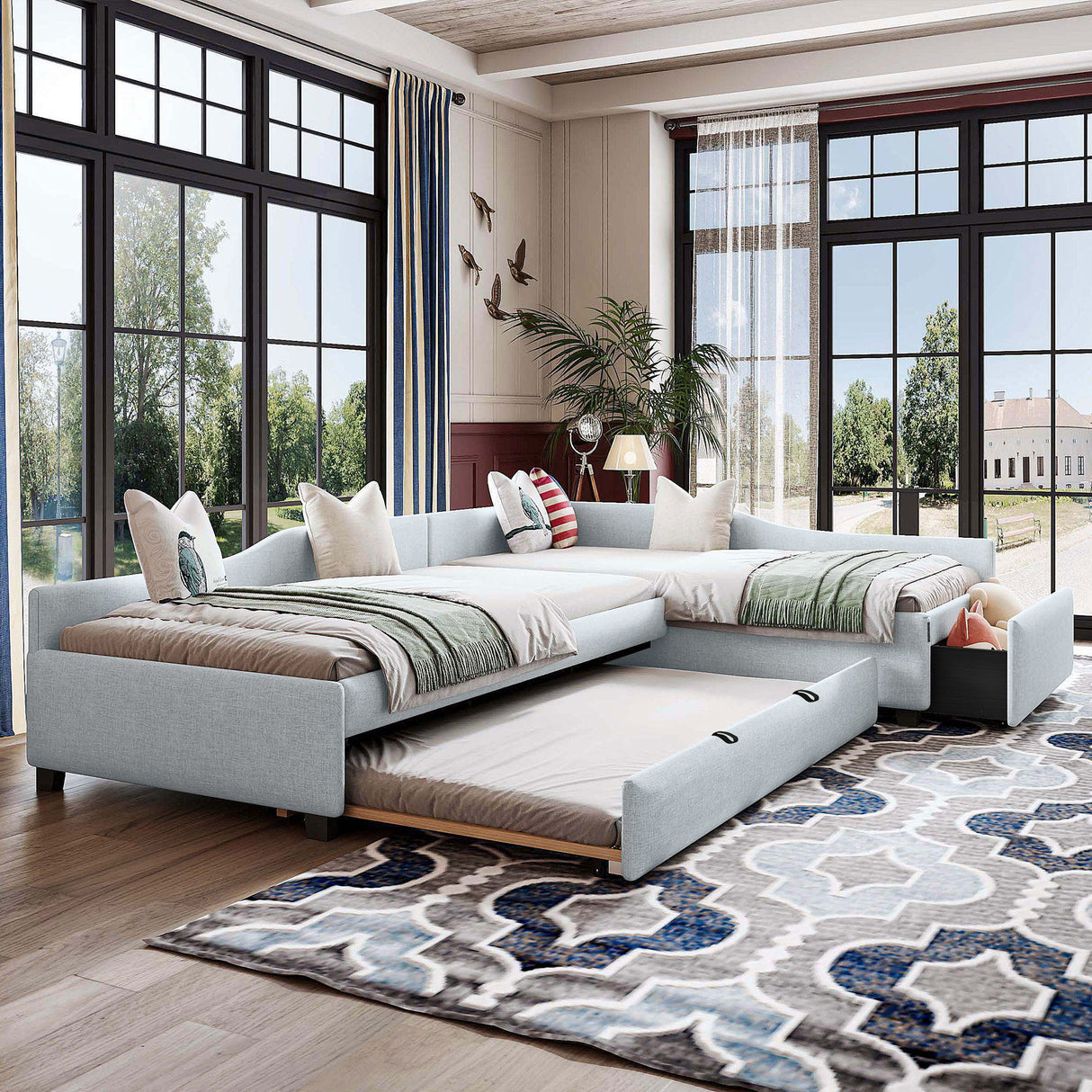 Upholstered Double Daybed With Trundle And Drawer