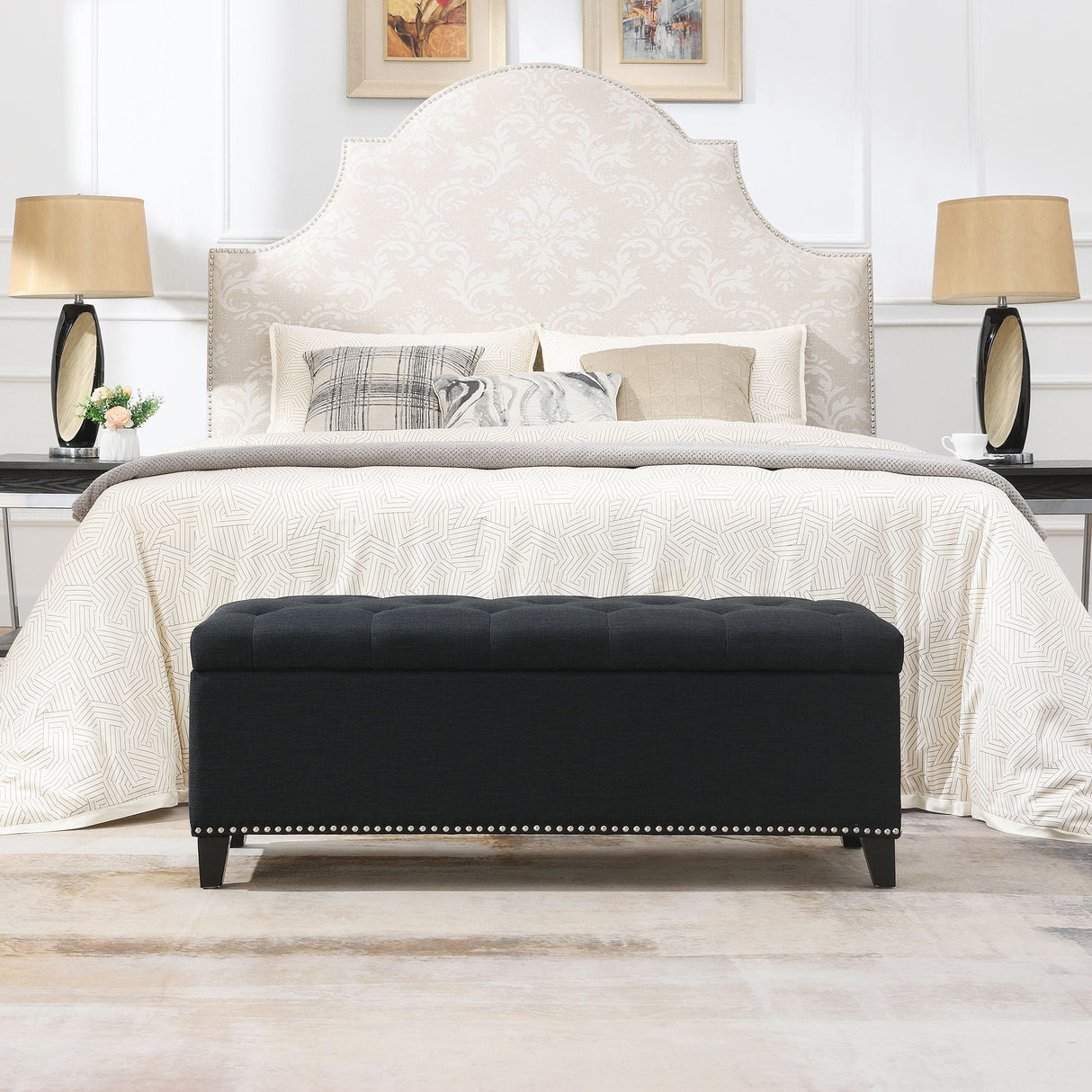 Button Tufted Storage Ottoman, Living Room Bench With Safety Close Hinge - Black