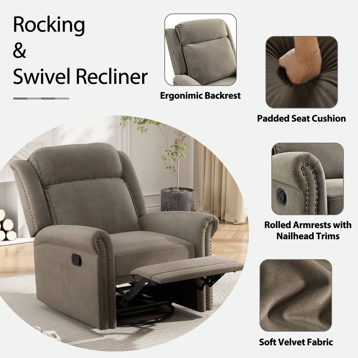 360 Degrees Swivel Recliner Manual Rocking Recliner Home With Adjustable Backrest