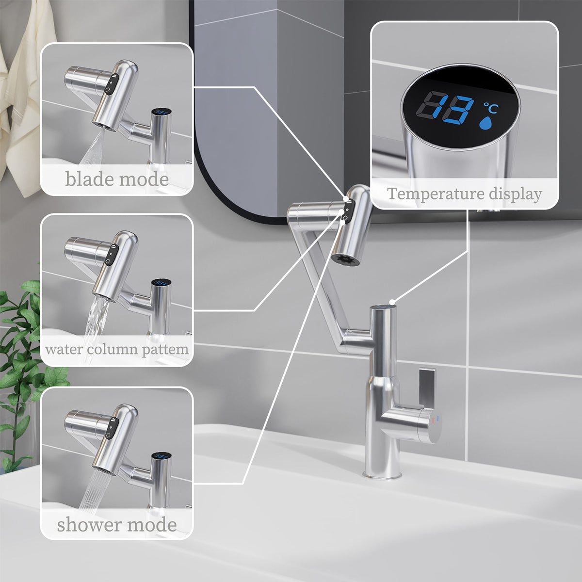 Bathroom Sink Faucet With Spray Function And Temperature Display, Anti Skid Switch, 360 Degree Rotary