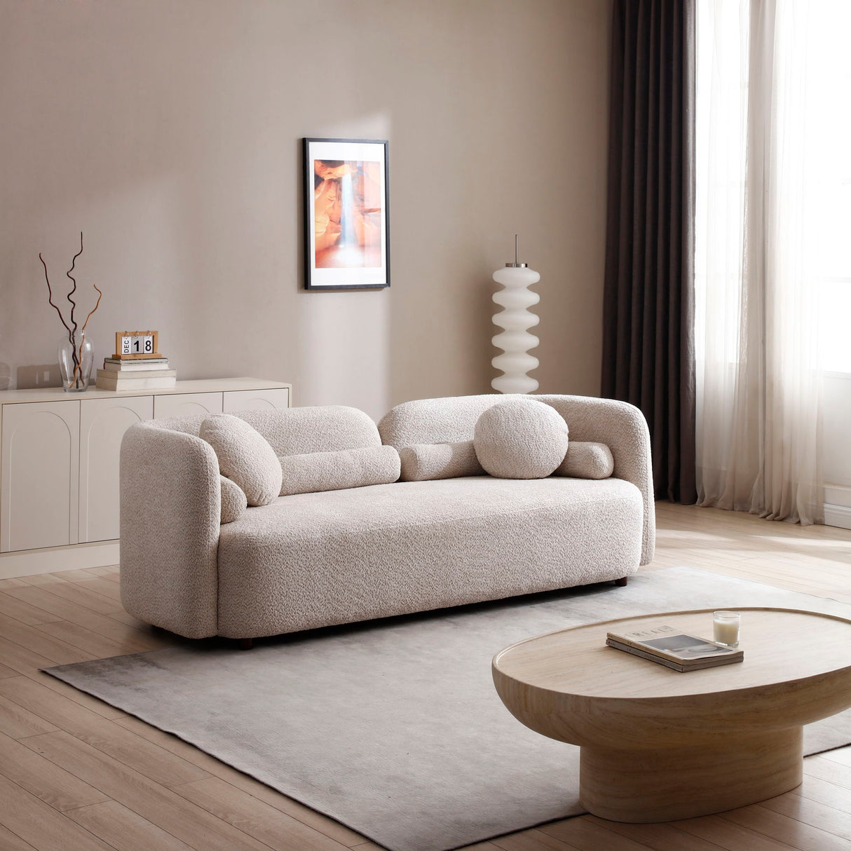 3 Seater Sofa Couch With Throw Pillows For Living Room - Light Beige