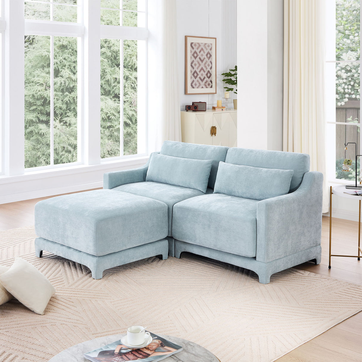 Stylish Sofa With Ottoman And Lumbar Pillows, Ergonomic Design