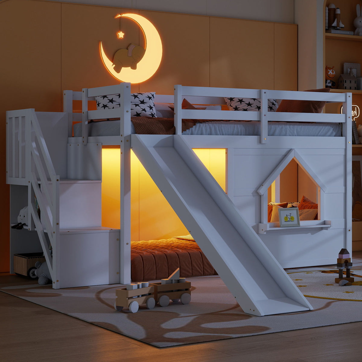 Loft Bed With Storage Stairs, Slide, Playhouse Window And 7 Colors LED Lights