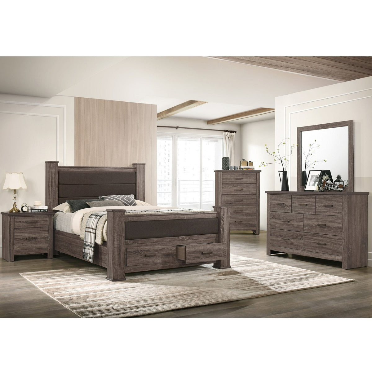 Queen Size Bed & Upholstered Headboard And Footboard Drawers - Brown