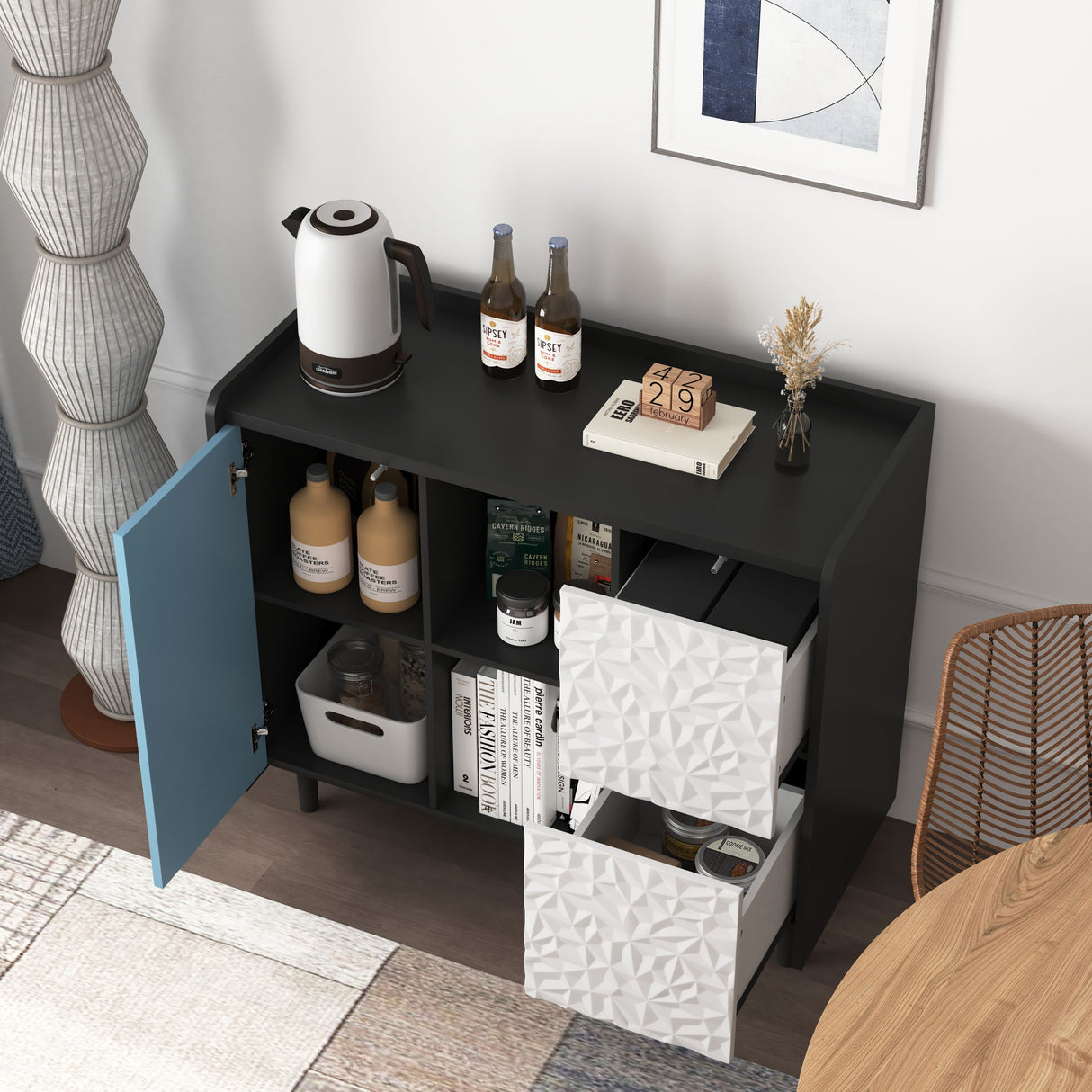 Sideboard Buffet Cabinet with Unique Panel Styling Wood Storage Drawers