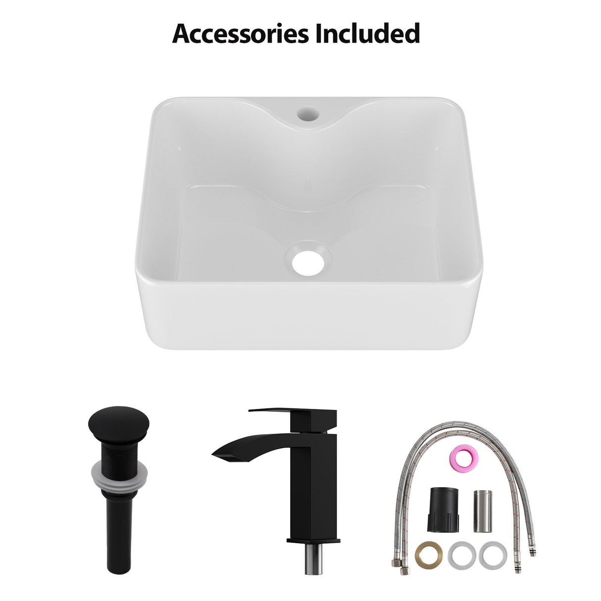 Rectangular Vessel Sink With Faucet & Drain - White / Black