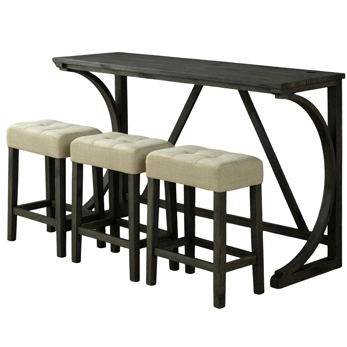 Dining Table Set With USB Charging Ports, Biscuit Tufted Stools - Beige / Brown