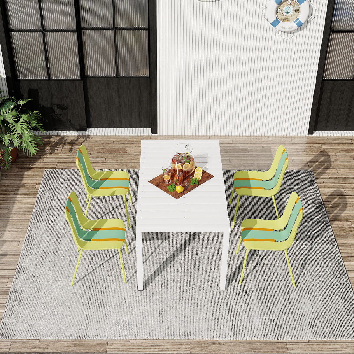 4 Piece Set Of Striped Color Blocking Single Chairs & Long Table - Grain Yellow / Haze Green / Tropical Orange / White