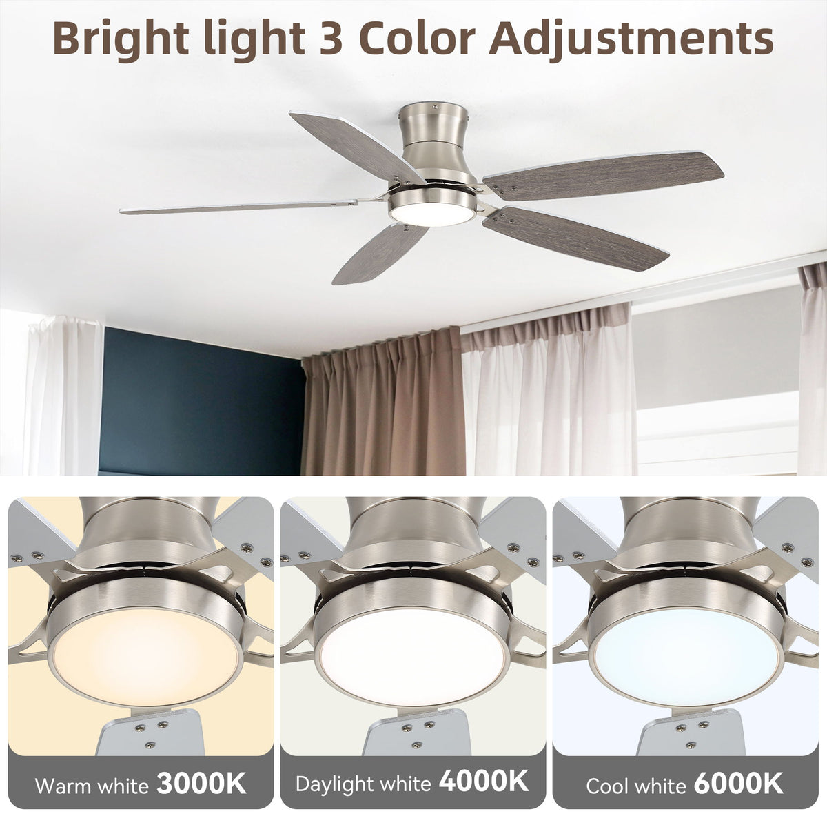 42" Low Profile Ceiling Fan With Light, 18W Dimmable LED, Reversible DC Motor, Quiet Operation, 5 Blades, Remote Included - Silver