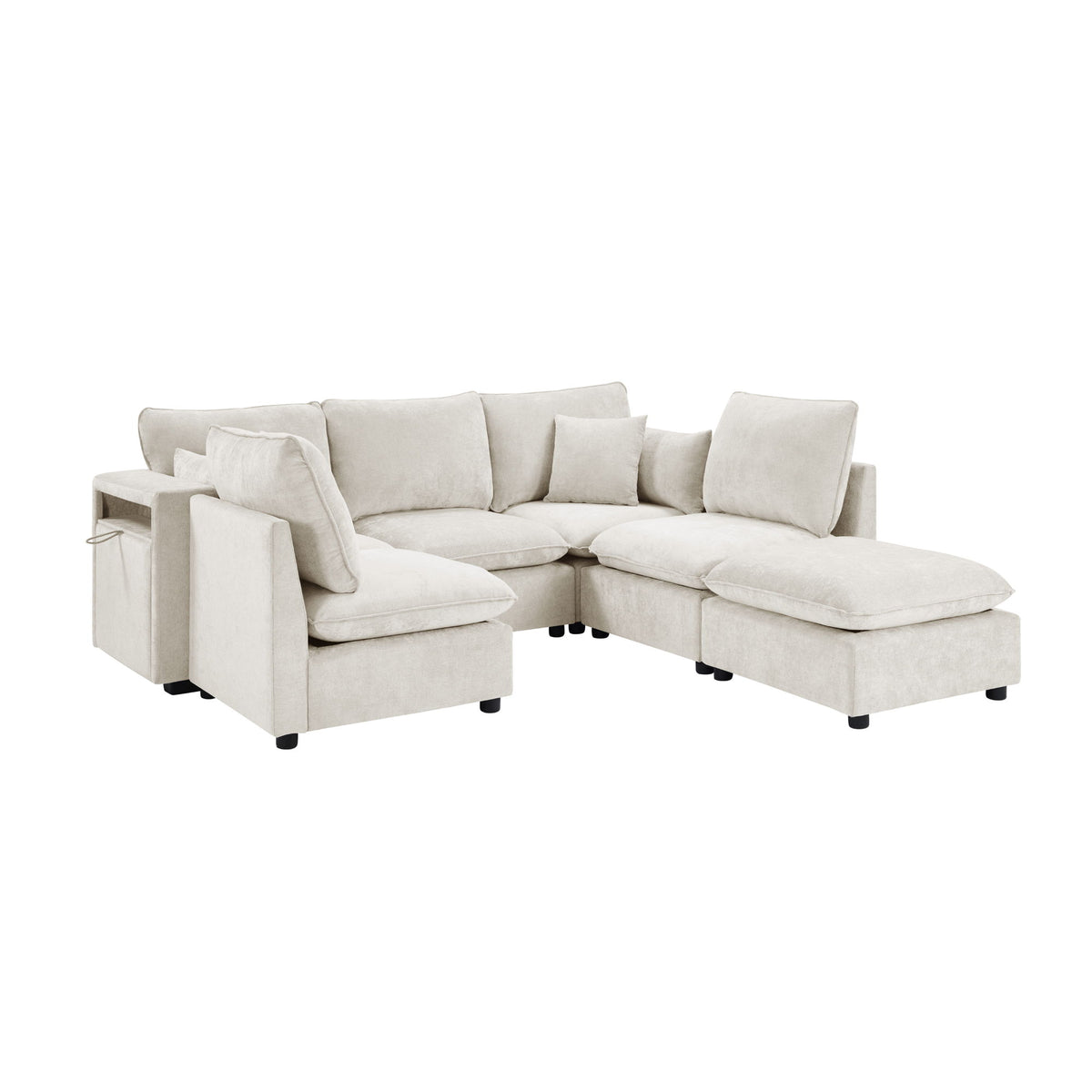 Sectional Modular Sofa, U-Shaped With Movable Ottoman, Storage Armrests And USB Ports - Beige