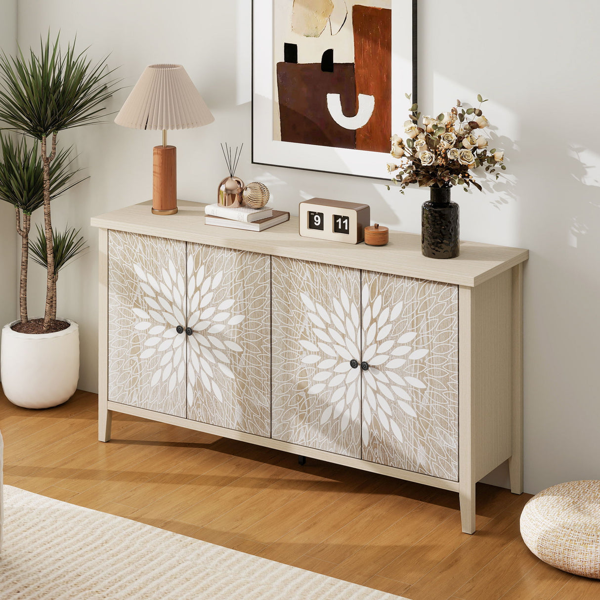 Sideboard Buffet Cabinet Carved 4 Door Storage 58in x 32in