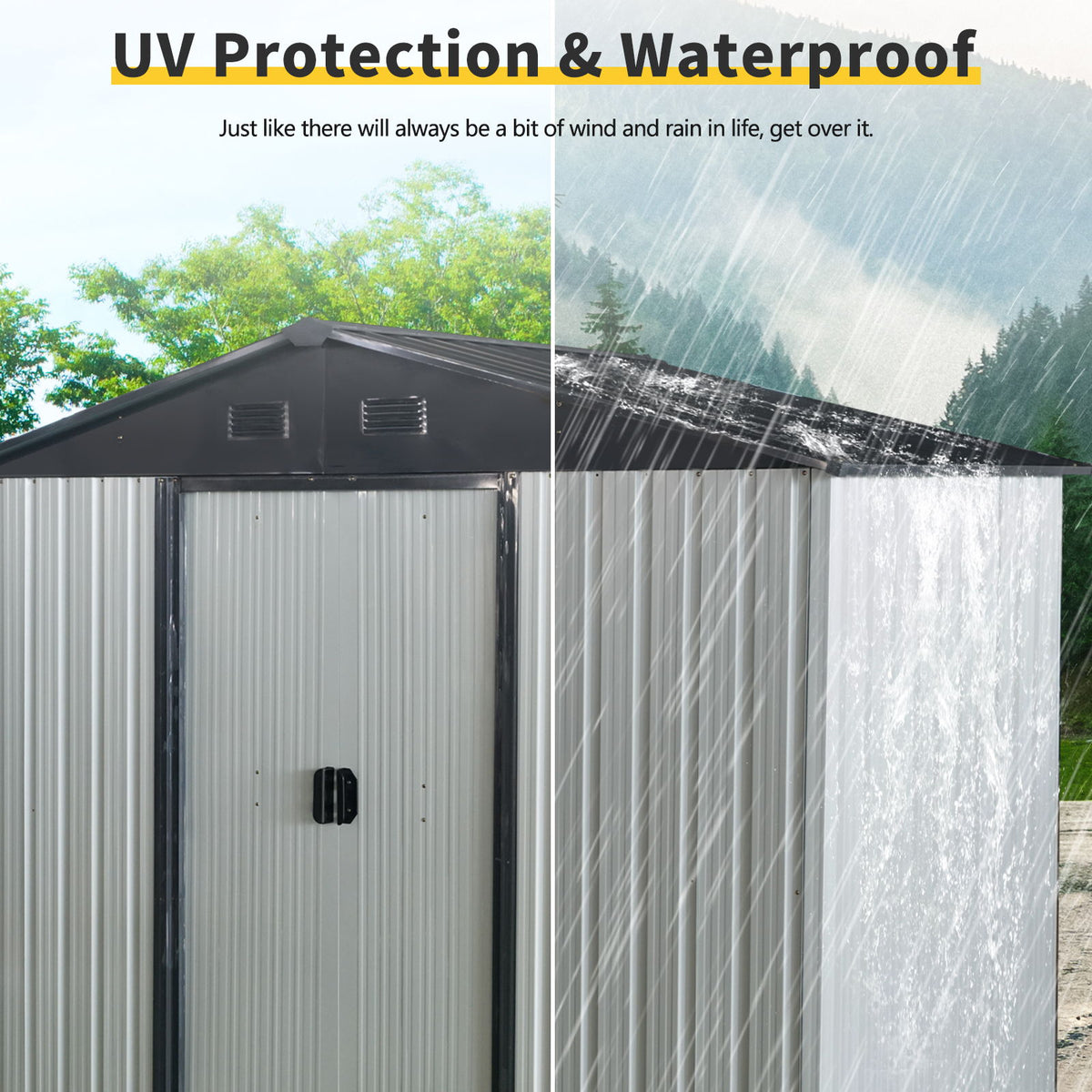 8Ft X 4Ft Outdoor Metal Storage Shed With Sliding Door And Foundation For Backyard, Patio, Lawn - White / Black