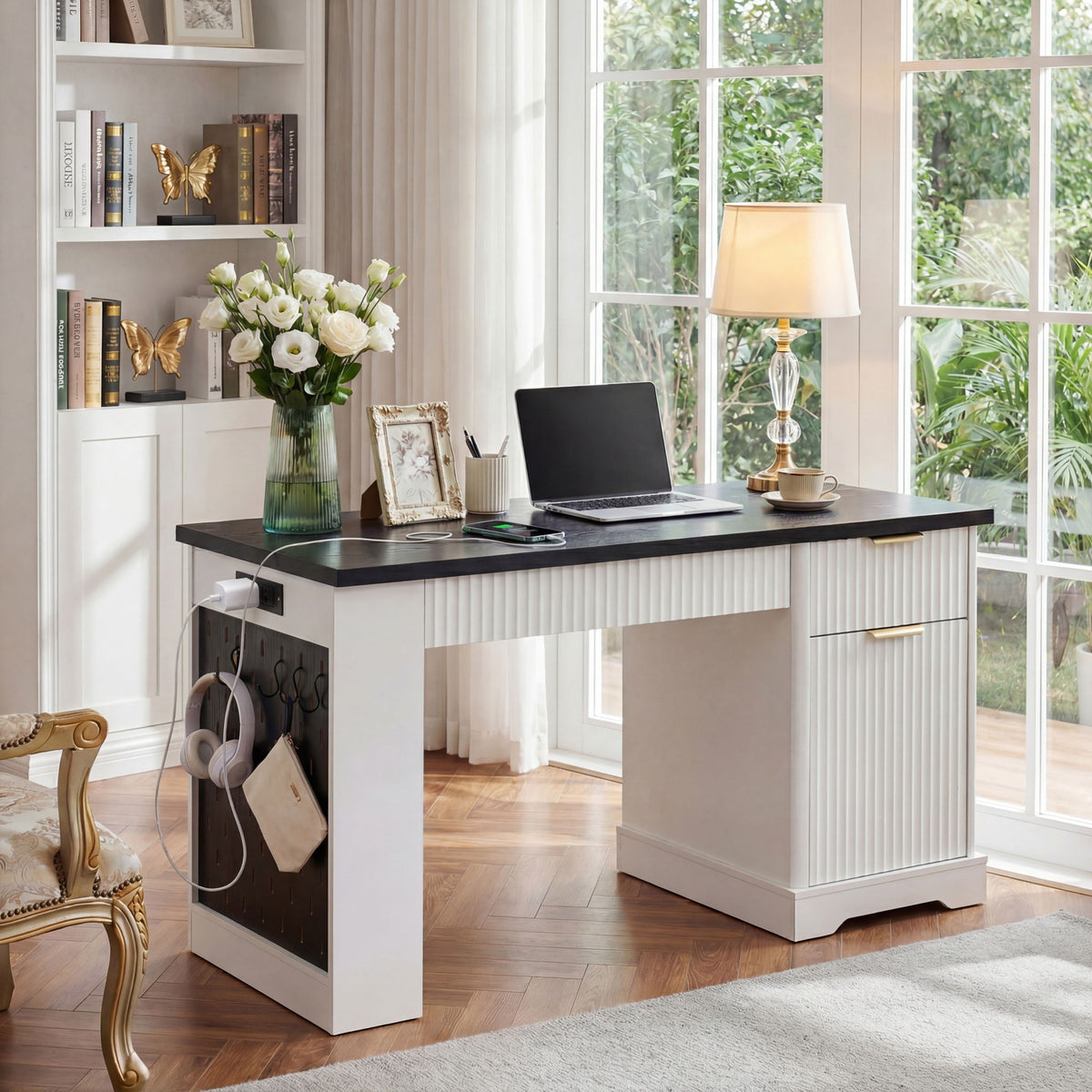 Fluted Office Desk With Storage Cabinet, Drawers, Power Outlet, Pegboard & Keyboard Tray - White
