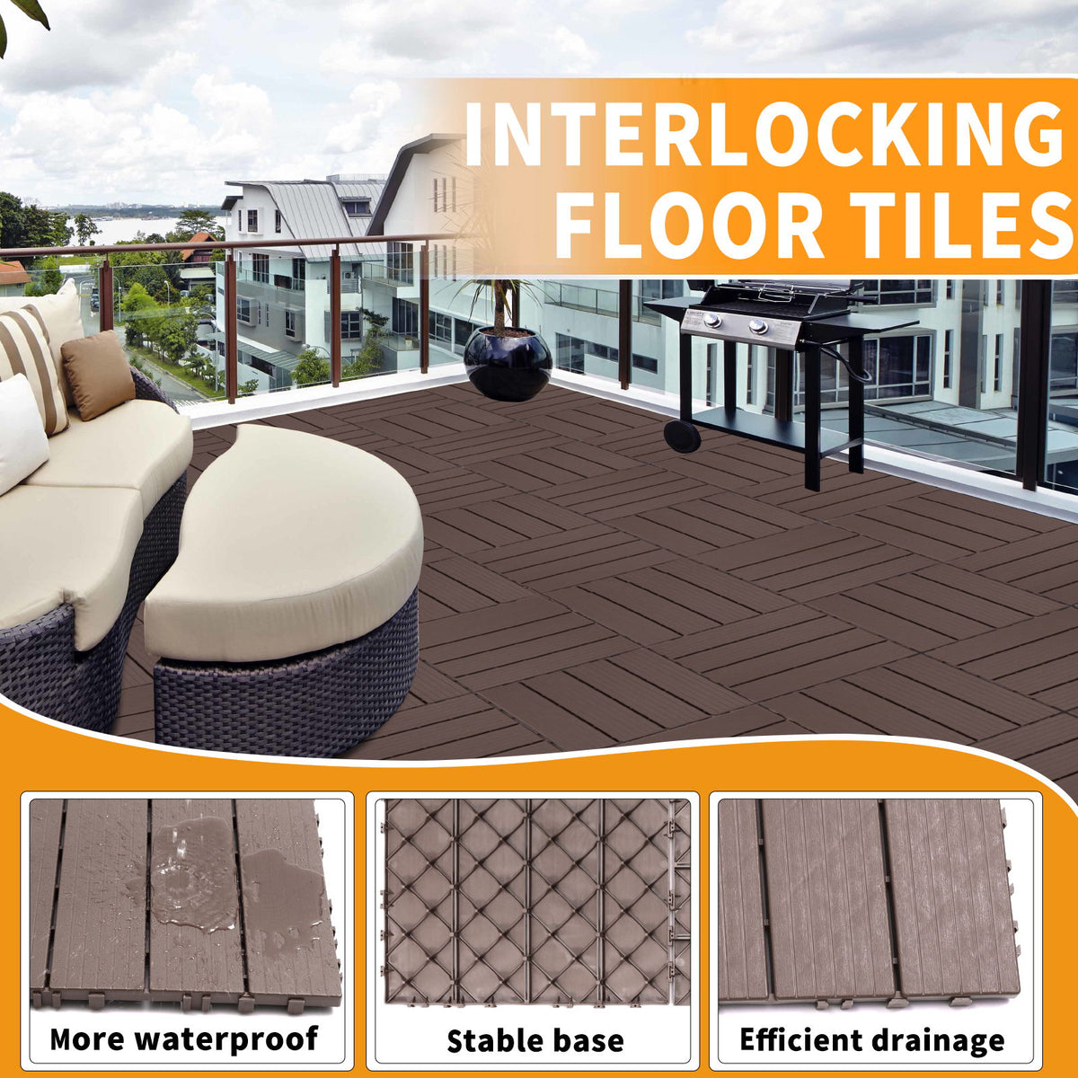 Plastic Interlocking Deck Tiles, Waterproof All Weather Use