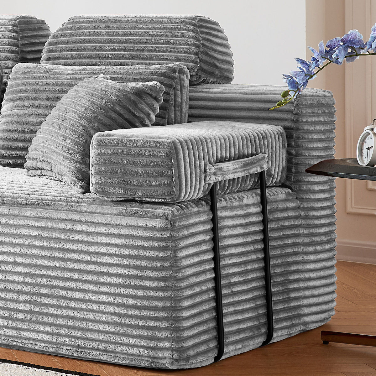 Sectional Sleeper Sofa & Storage Pockets, Modular Couch With Throw Pillows For Living Room