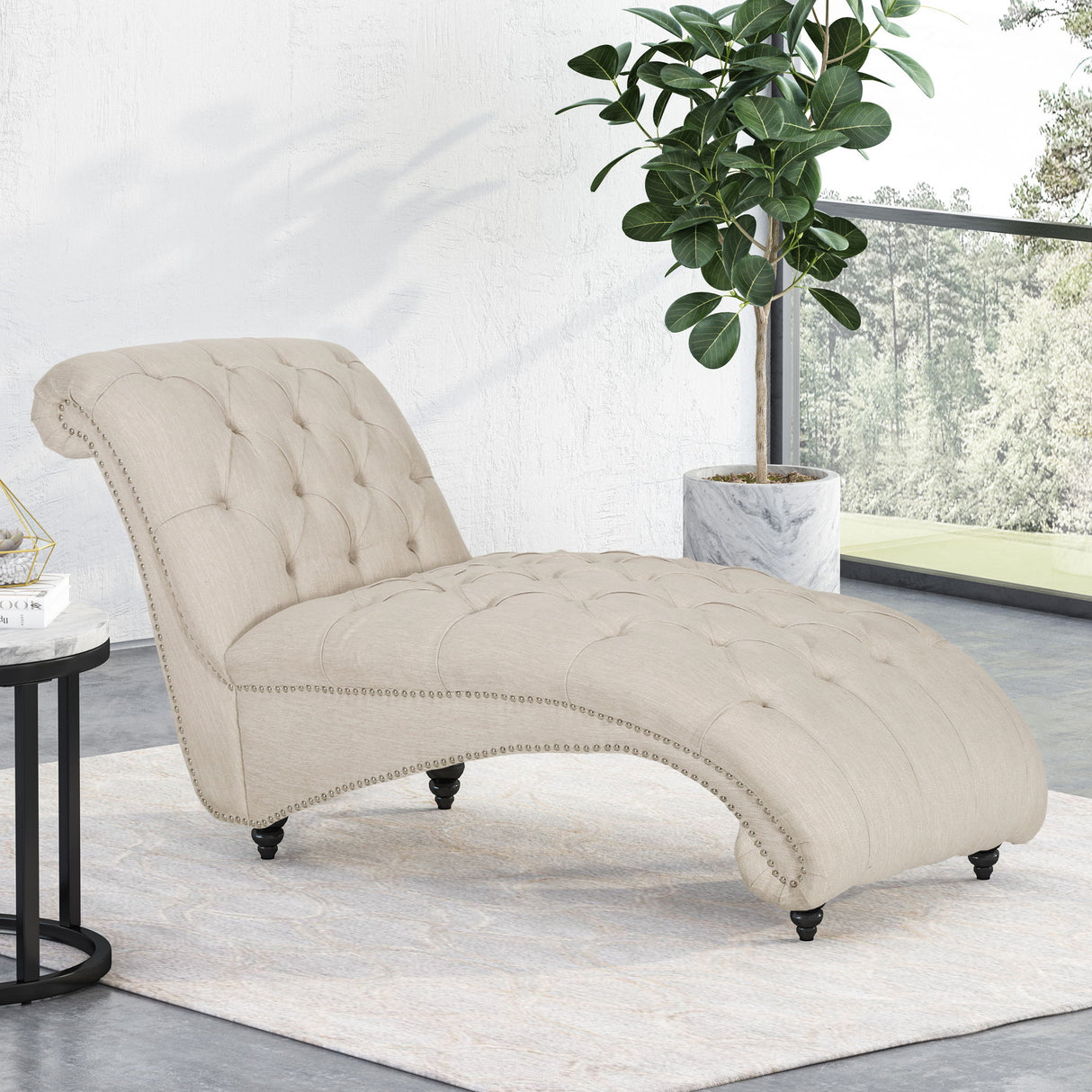 Chaise Lounge With Button Tufted Diamon Stitch - Beige