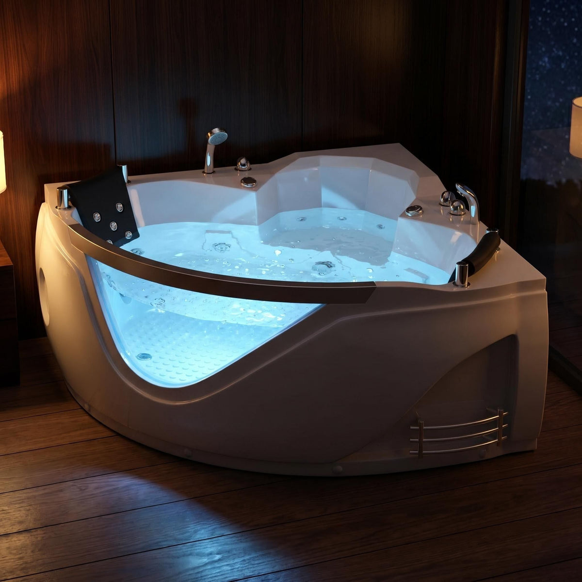 Xavier - Double Corner Massage Bathtub, Equipped & Gfci Plug And Ul Certified Water Pump, Upc Certified Drain - Milk White