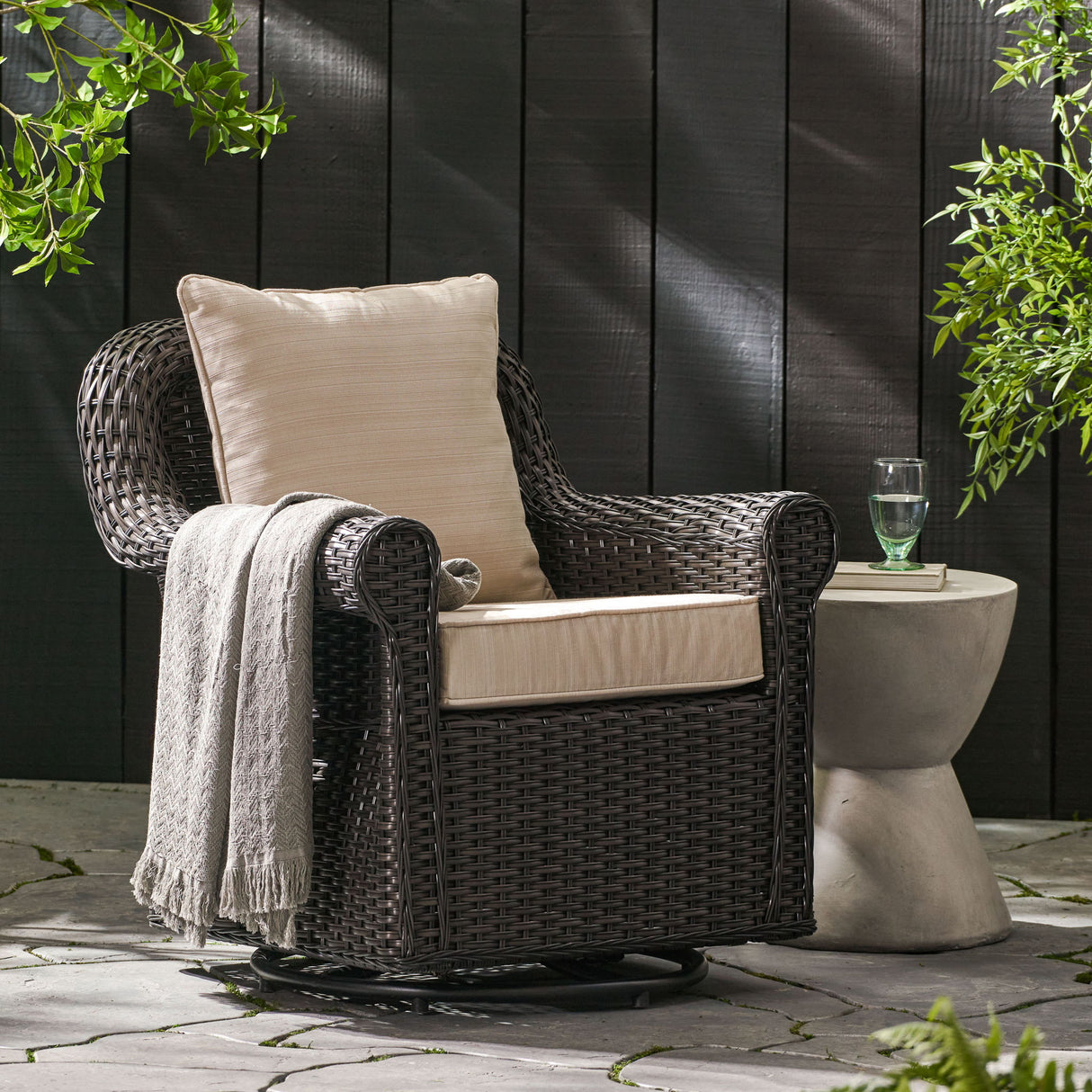 Amaya - Outdoor Swivel Rocker Chair With Water Resistant Cushions - Brown / Beige