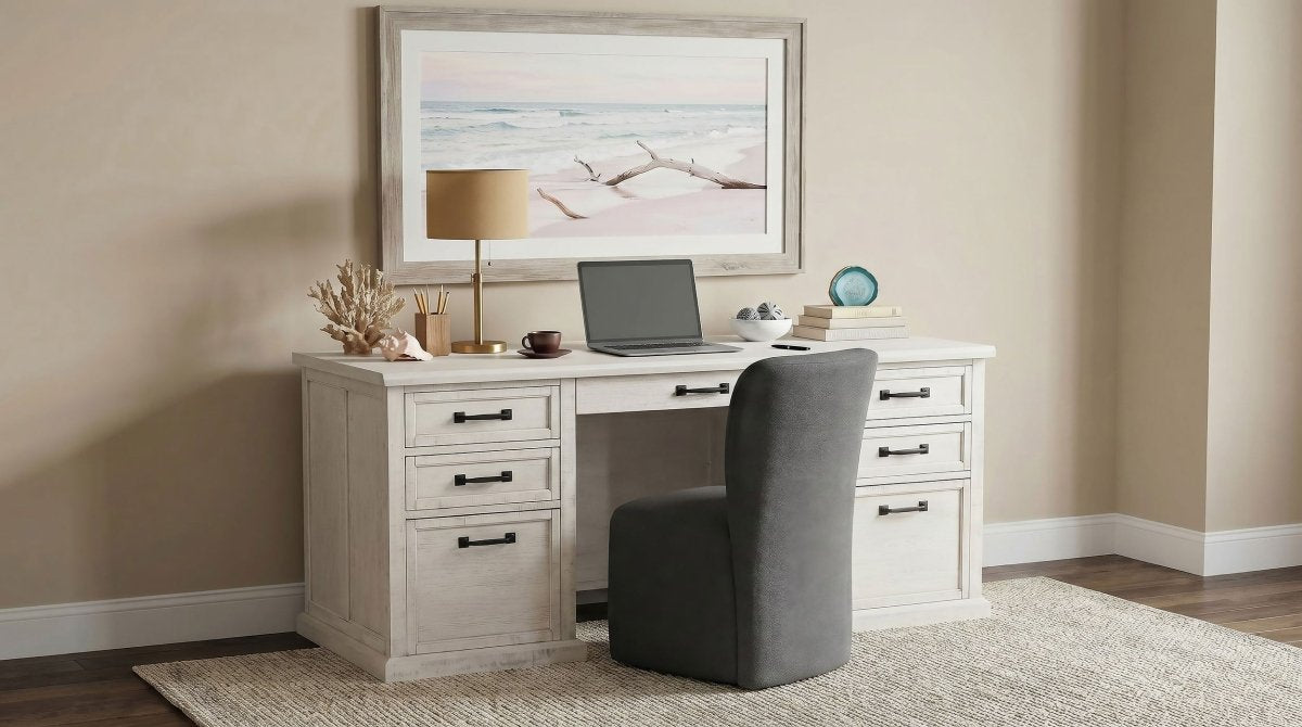Altidore 68" 7-Drawer Executive Desk in Distressed White - Desks available at Alpine Outlets in Denver